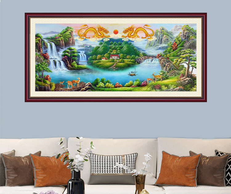 聚宝盆山水画客厅装饰画国画风景靠山横幅壁画仿古挂画办公室字画