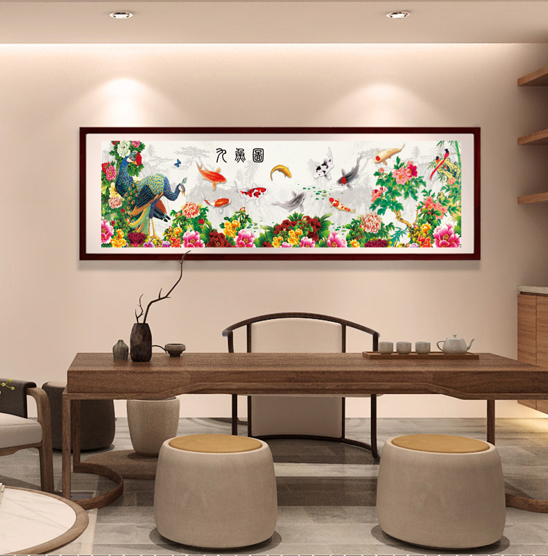 花开富贵丝绸画九鱼图卷轴画锦鲤客厅书房装饰画锦雀图招财悬挂画