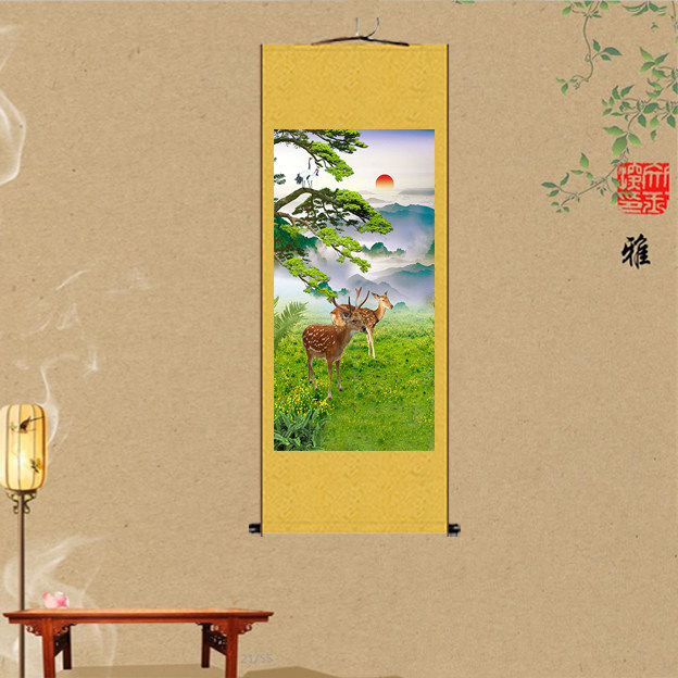 梅花鹿丝绸画吉祥如意事成双