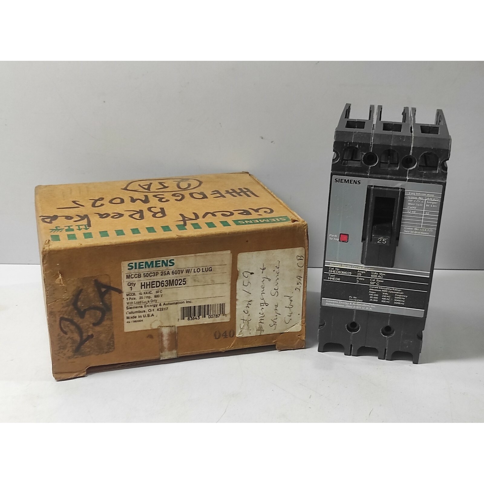 Siemens HHED63M025 MCCB 50C3P 25A 600V Sentron Series Circui