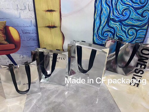 手提袋定制纸袋服装店包装袋拍照道具加长宽丝带银色烫字礼品袋 - 封面