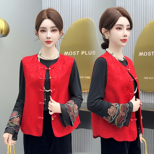 马夹坎肩春 百搭无袖 新年国风盘扣缎面提花马甲背心洋气时尚 妈妈装