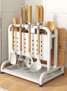 304不锈钢白色厨房刀筷子笼置物架台面砧板放菜板刀具一体收纳架