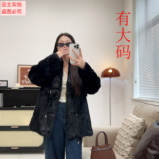 大码 新款 保暖大衣 皮毛一体简约显瘦冬季 皮草外套女国风黑色中长款