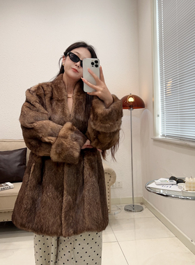 2025新款整皮兔毛皮草外套中长V领气质爆款宽松版皮毛一体大衣冬