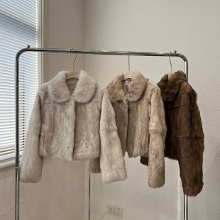 中古老钱风进口兔毛皮草外套女短新款 翻领高级感高腰百搭皮毛一体
