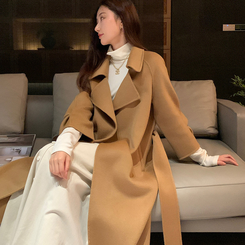 新款双面羊绒大衣女士过膝长款落肩系带西装领纯羊毛显瘦毛呢外套