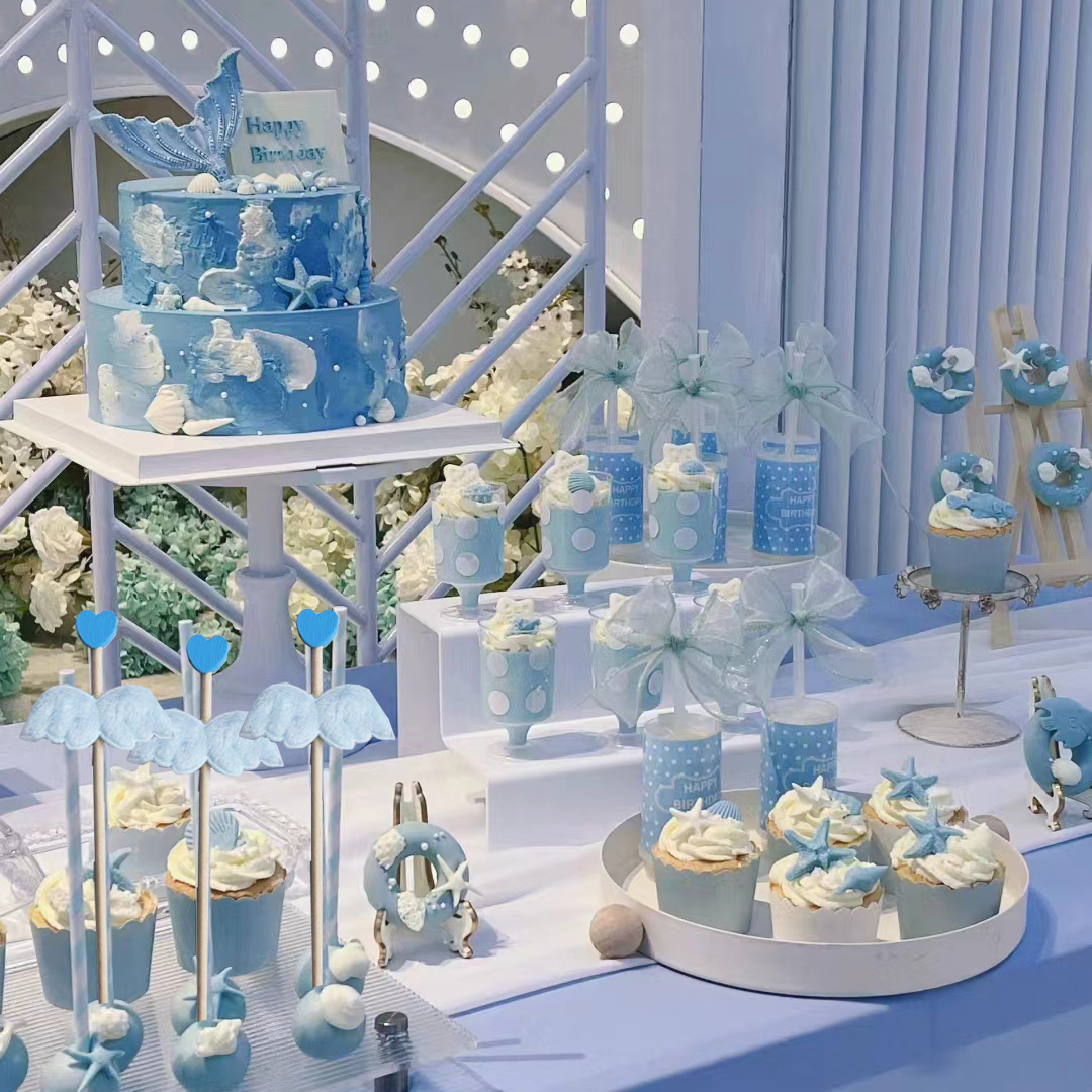 蓝色甜品台布置小王子生日派对蛋糕插件布丁瓶推推乐围边装饰贴纸