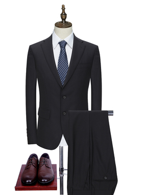 美尔牌男平驳领商务休闲黑色蓝点西服套装男套西120H15