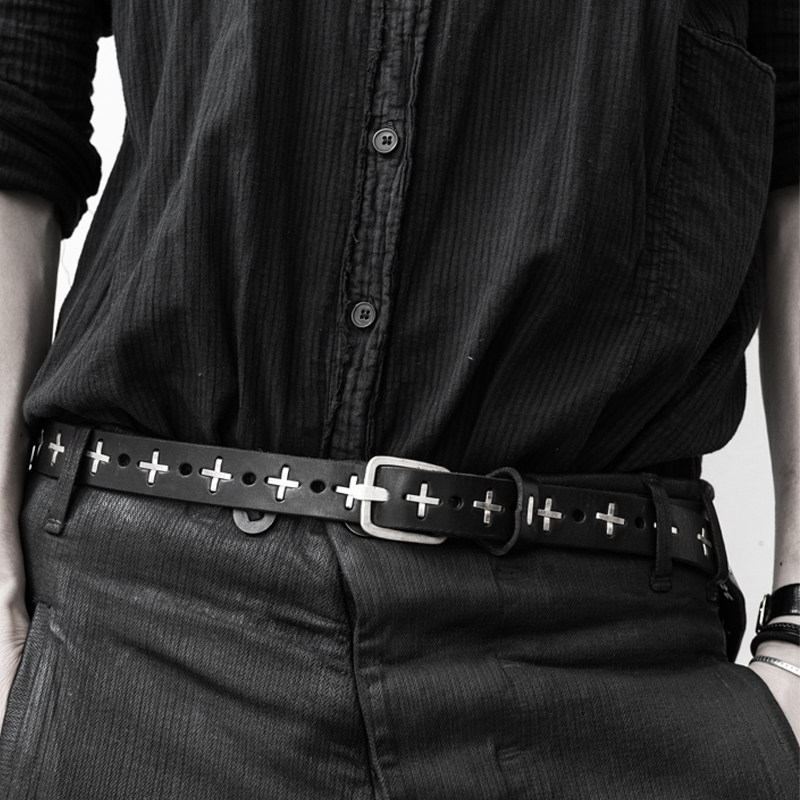 暗黑先锋手工全金属十字装饰针扣真皮MA腰带简约百搭男女士皮裤带