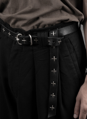 signal双环针扣暗黑复古手工真皮黑色银色十字MA山本风格休闲腰带