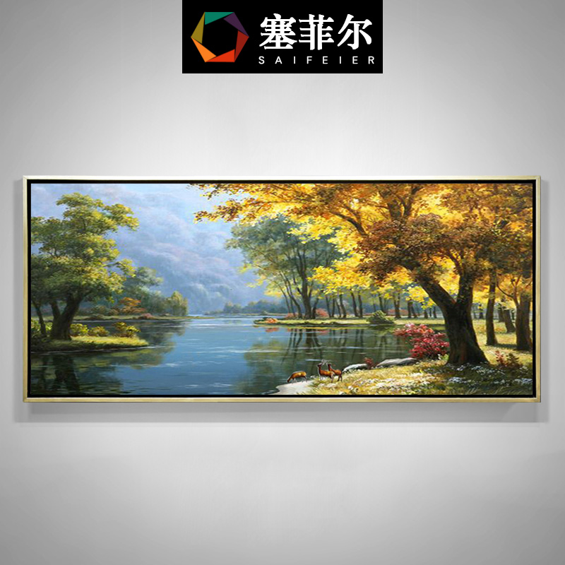 纯手工手绘油画欧式山水风景美式客厅发财树装饰画麋鹿挂画聚宝盆11月25日最新优惠
