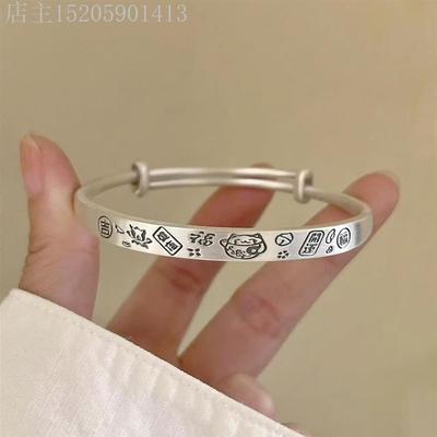 精选爱足银S999复古开运吉言招财猫银手镯女生实心哑光银手环推拉
