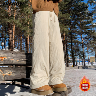 VIISHOW双面羊羔毛加厚保暖棉裤男冬季美式明线拼接直筒阔腿裤子