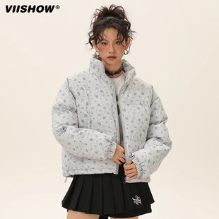 VIISHOW美式复古小碎花满印立领短款棉服女冬加厚保暖面包服外套