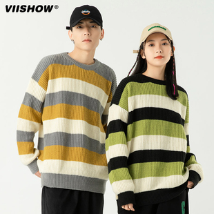 VISHOW毛衣外套男潮牌宽松套头圆领秋冬款日系百搭休闲条纹上衣