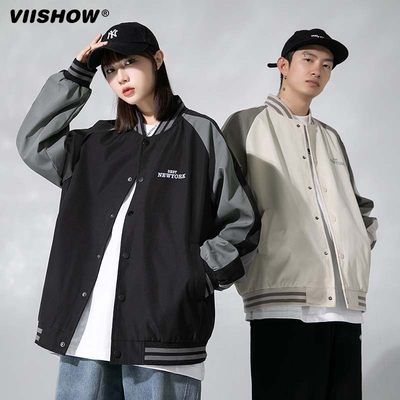 VISHOW高街潮牌棒球服宽松情侣同款上衣拼接外套男女休闲夹克潮