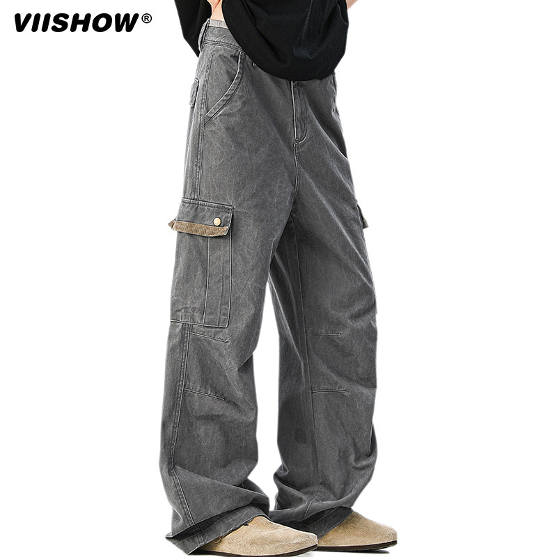 VIISHOW纯棉休闲美式复古多口袋水洗工装裤男潮牌宽松阔腿直筒裤,男装,休闲裤,淘宝优惠券,粉丝福利购,淘宝优惠卷