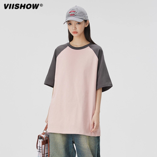 VIISHOW复古时尚拼色短袖T恤男潮牌情侣宽松夏装插肩袖休闲上衣