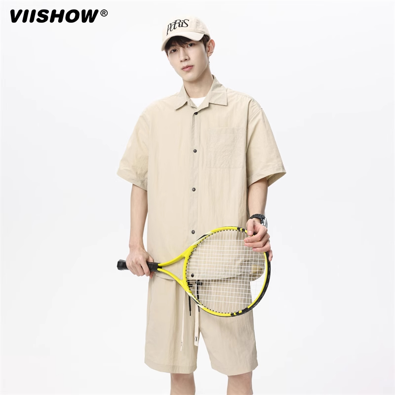 VIISHOW2025夏季冰丝衬衫男短袖套装户外防晒外套运动休闲两件套