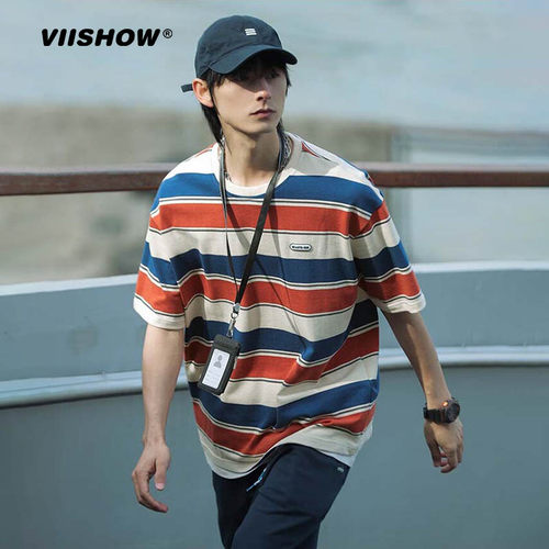 VIISHOW短袖T恤撞色条纹情侣短t男2023春夏新款cityboy日系宽松t