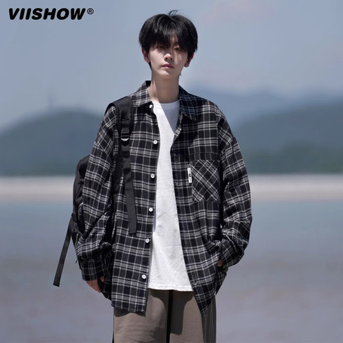 VIISHOW格子长袖衬衫男士春秋季港风衬衣大码宽松日系潮流外套