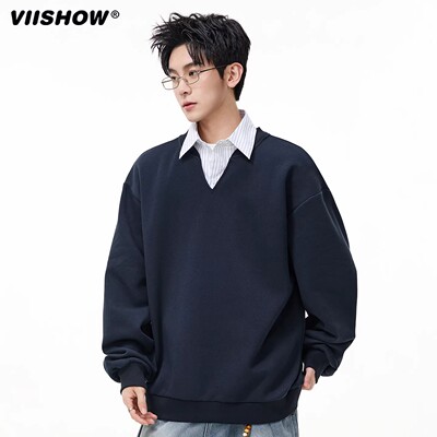 VIISHOW假两件条纹衬衫领卫衣男春季套头短款boxy学院风长袖上衣