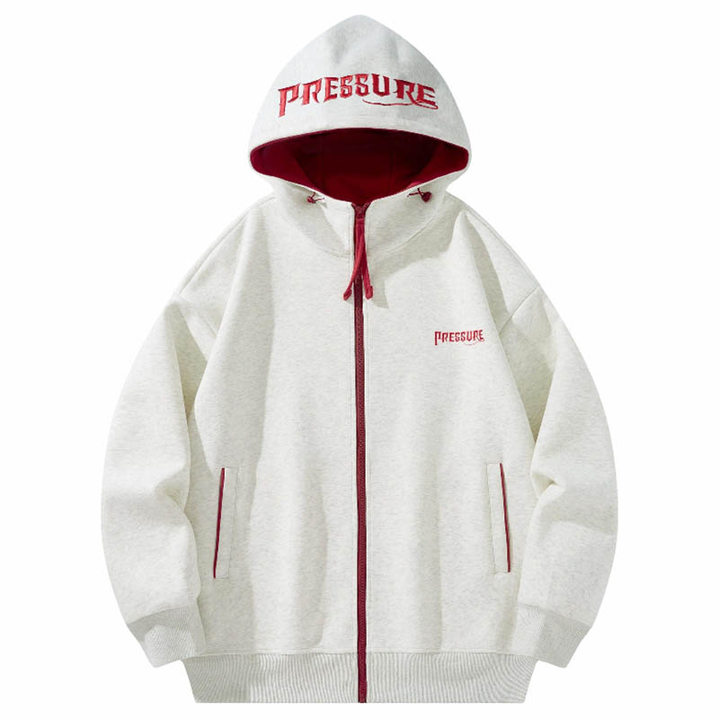PRESSURE美式基础简约刺绣字母Logo拼接撞色休闲宽松连帽开衫卫衣