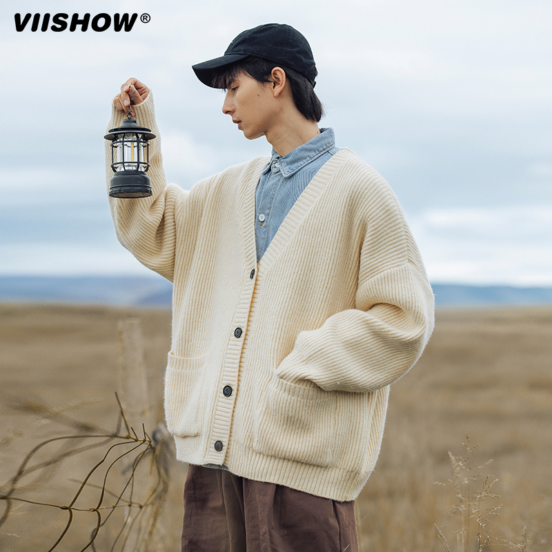 VIISHOW重磅慵懒风宽松开衫毛衣男日系开衫美式复古V领纯色针织衫