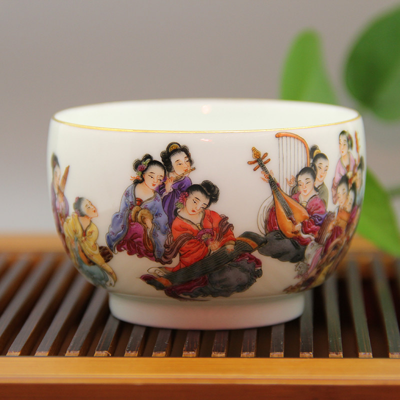 景德镇名瓷珏窑珐琅彩夜宴图 全手工手绘鸡缸杯 功夫茶具