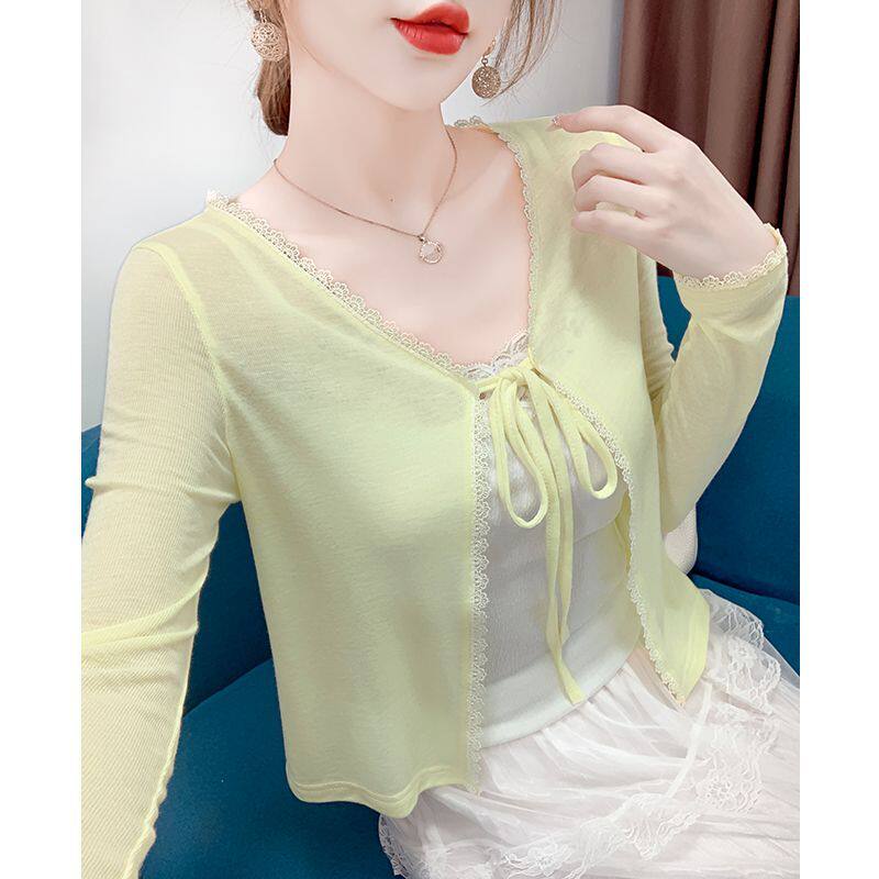 韩系薄款蕾丝花边系带开衫女2026年夏季气质短款上衣外搭防晒罩衫
