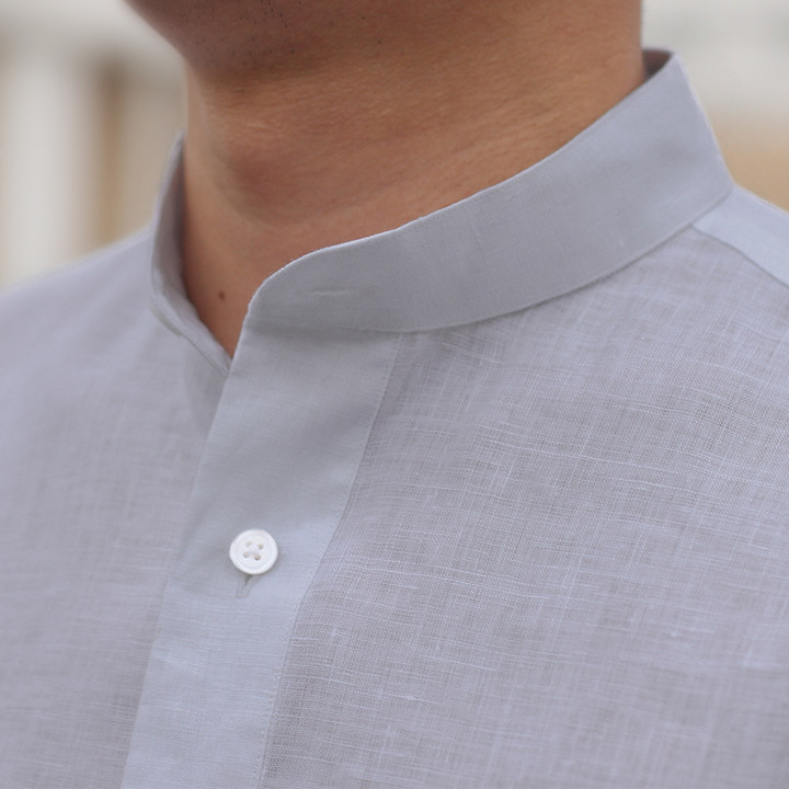 驿泊夏季蓝色亚麻立领休闲衬衫