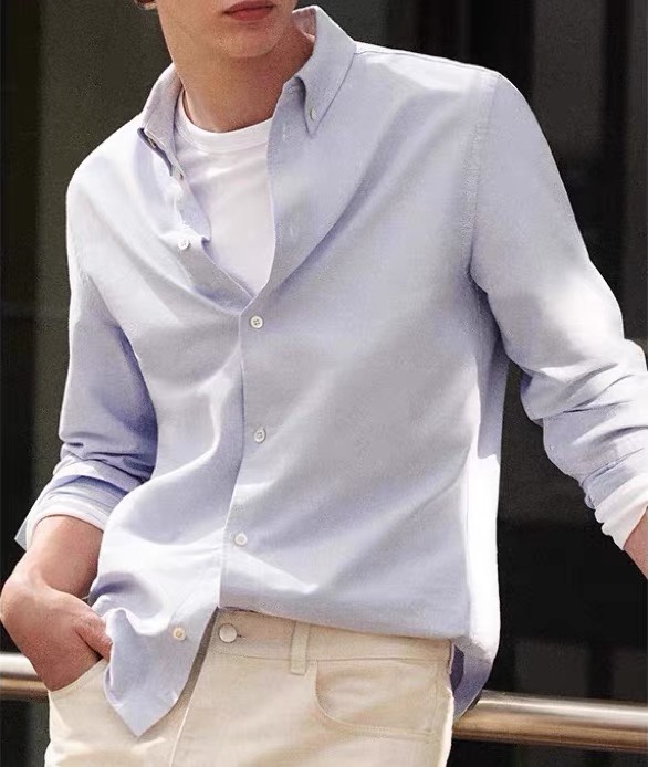 原C&S男装标准版型男士长袖蓝色牛津纺衬衫春秋