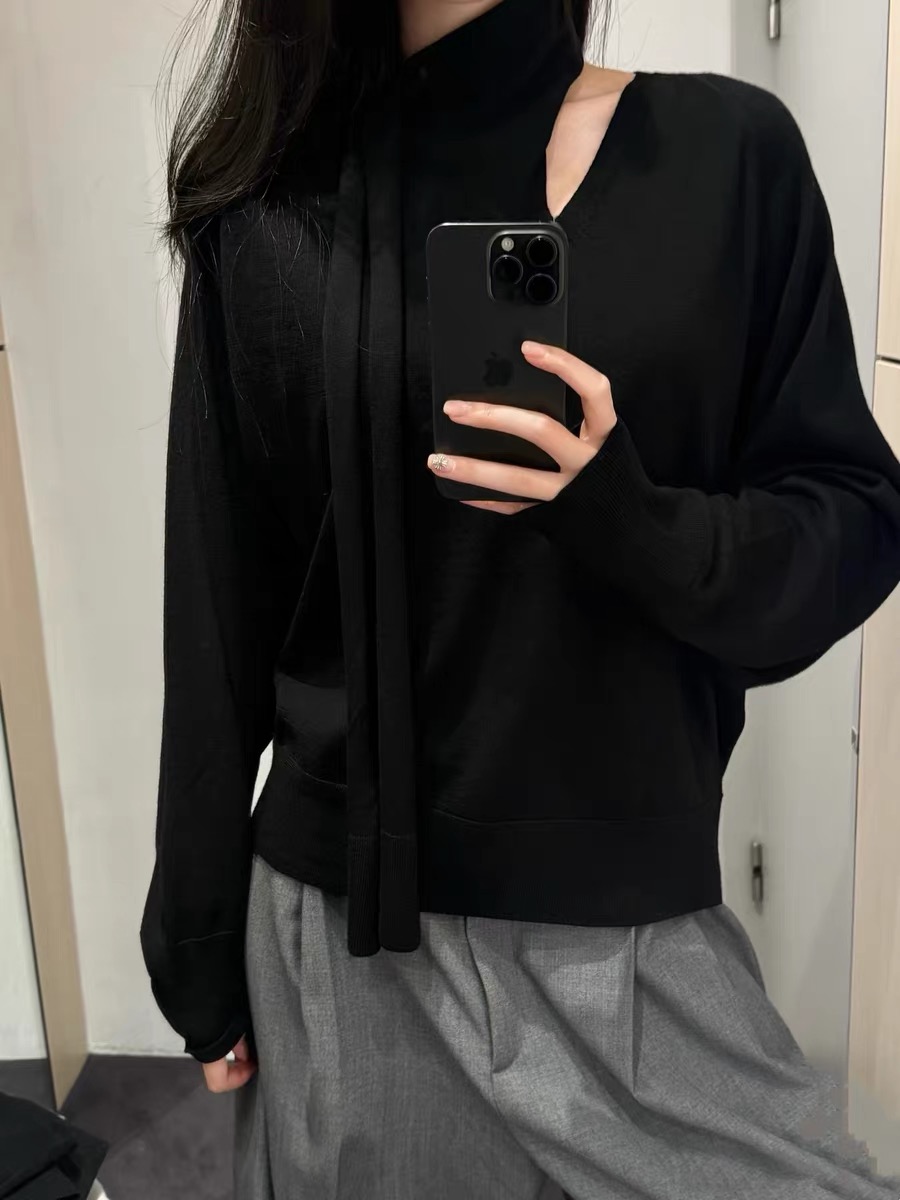 原 C&S休闲版型黑色全羊毛长袖围巾领针织衫秋季新品