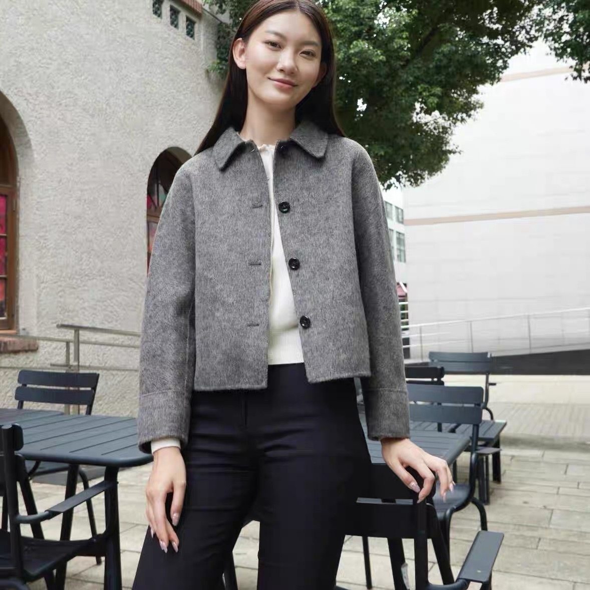 原 大牌灰棕色女士高级轻奢感羊毛毛呢外套秋冬新品