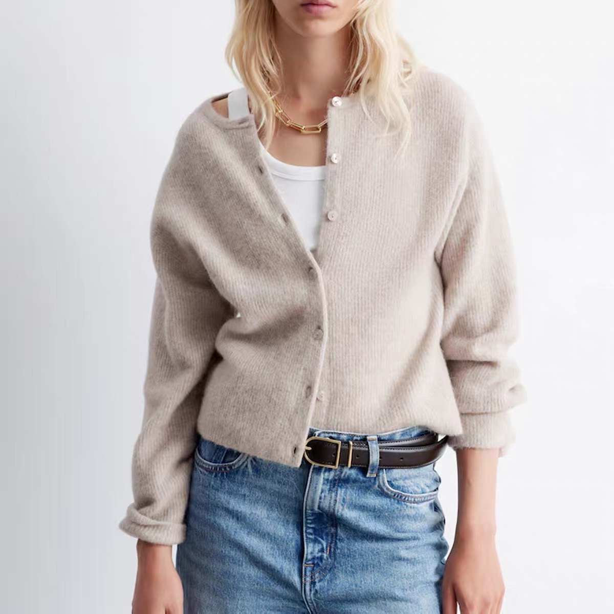 羊驼毛混纺单排扣长袖针织开衫