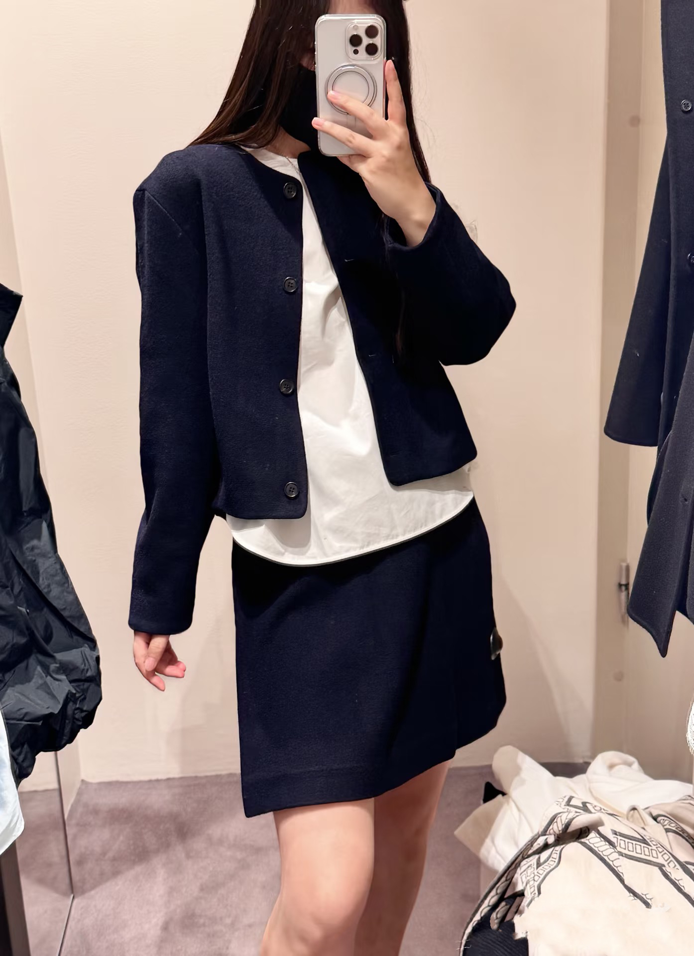 原 C家标准版型藏青色羊毛混纺迷你裙半裙秋季新品