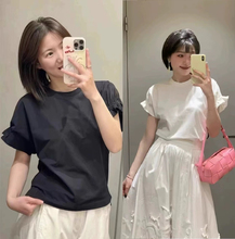 原 C&S风格女装夏季新品女士纯色圆领木耳袖纯色舒适T恤上衣夏