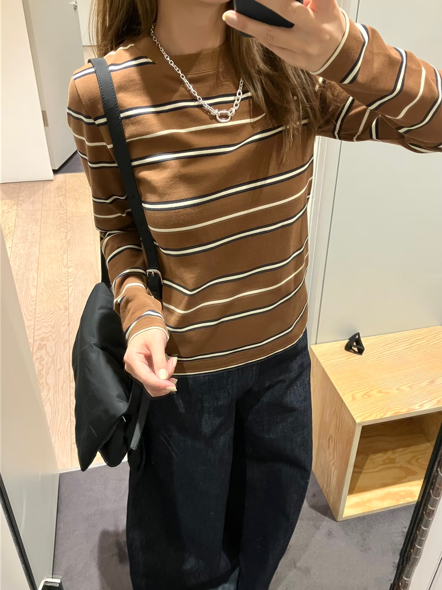 原 C标准版型女士棕色条纹棉质圆领长袖T恤秋装新品