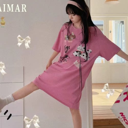 狗狗圆领短袖宽松纯棉薄款睡裙女