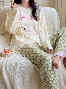 蝴蝶结花边小猫女士睡衣长袖长裤可爱甜美日系家居服秋季圆领套装