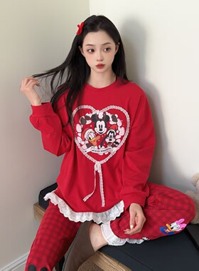 新年红色春季韩版卡通花边格子纯棉薄款女睡衣长袖长裤套装家居服