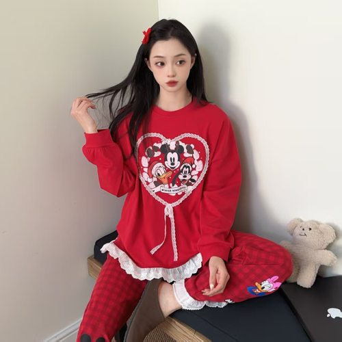 新年红色米奇卡通花边格子薄款