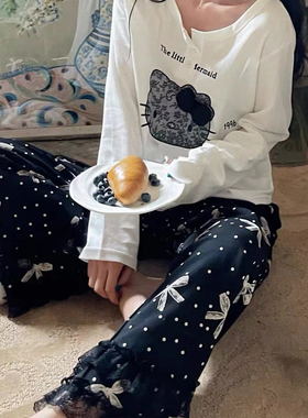 KITTY猫拼色卡通可爱甜美长袖长裤秋季薄款纯棉女士睡衣家居服女