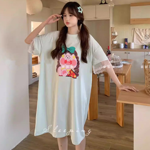 卡通女孩宽松大码蕾丝花边短袖女