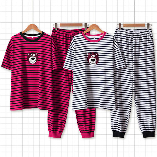 草莓熊春夏季条纹短袖长裤纯棉薄款小脚套装女士卡通甜美家居服女