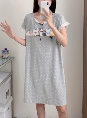 卡通小猫蕾丝花边短袖波点睡裙女士薄款夏季睡衣圆领日系女家居服