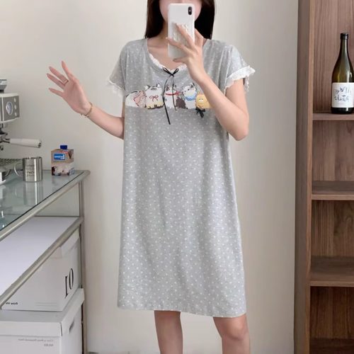 卡通小猫蕾丝花边短袖波点睡裙