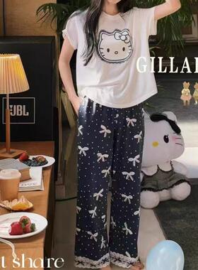 卡通可爱猫咪蝴蝶结蕾丝花边女士短袖长裤春季纯棉睡衣家居服套装