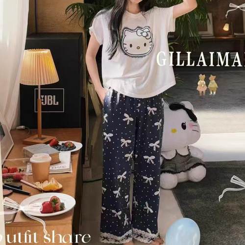 卡通可爱猫咪蝴蝶结蕾丝花边睡衣